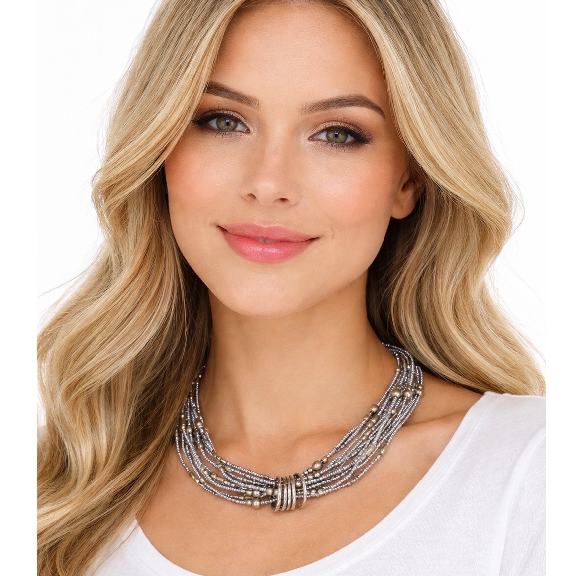 Silver Multi Strand Beaded Choker Necklace Layered Bead Statement Ring 103-81